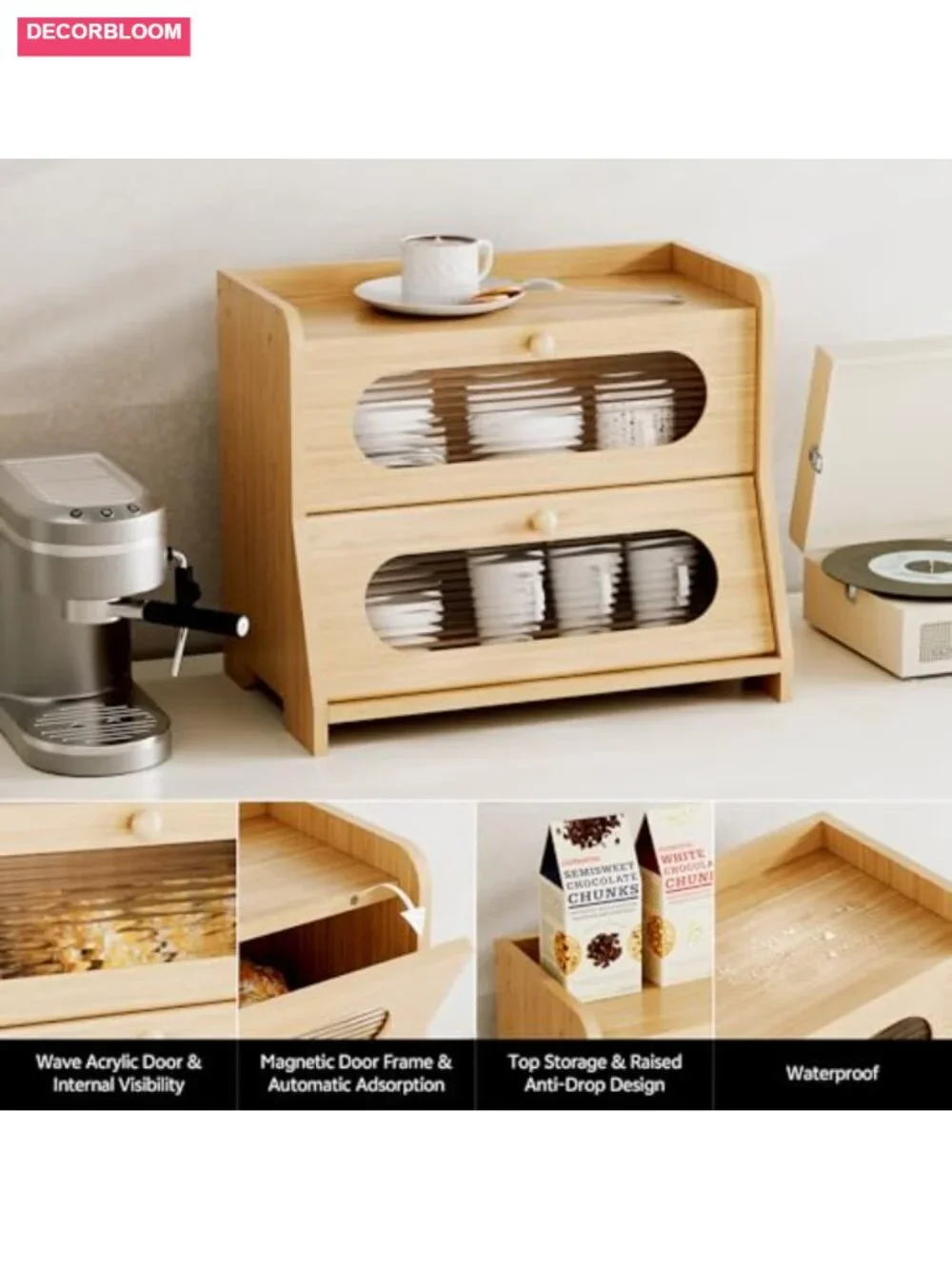 Extra Large 2-Tier Bamboo Bread Box with Magnetic Acrylic Door